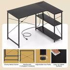 Bureau d'angle avec prises de courant Étagère réglable Cadre métallique robuste Marron/Blanc/Noir