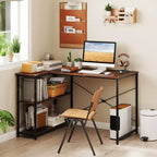 Bureau d'angle avec prises de courant Étagère réglable Cadre métallique robuste Marron/Blanc/Noir