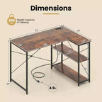 Bureau d'angle avec prises de courant Étagère réglable Cadre métallique robuste Marron/Blanc/Noir