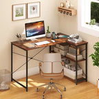 Bureau d'angle avec prises de courant Étagère réglable Cadre métallique robuste Marron/Blanc/Noir