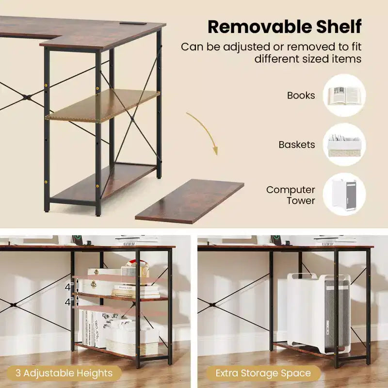 Bureau d'angle avec prises de courant Étagère réglable Cadre métallique robuste Marron/Blanc/Noir