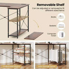 Bureau d'angle avec prises de courant Étagère réglable Cadre métallique robuste Marron/Blanc/Noir