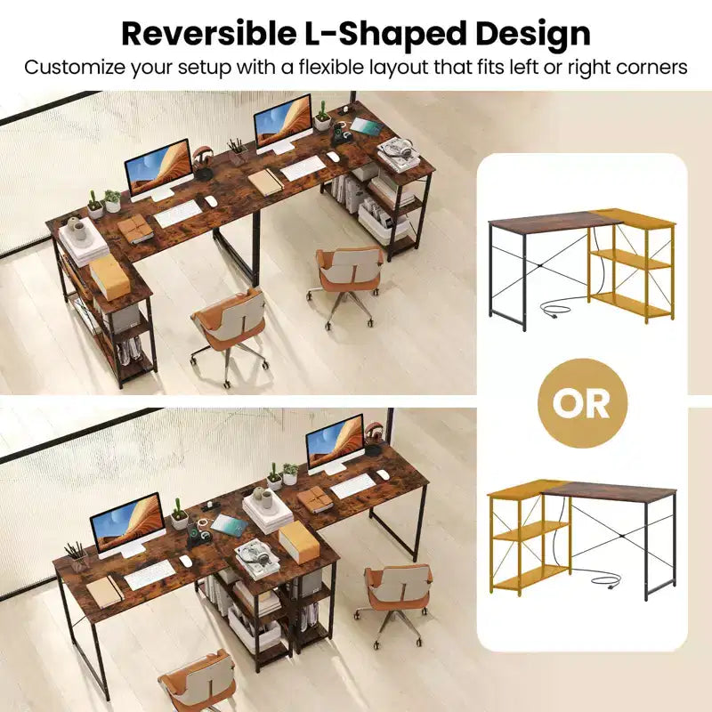 Bureau d'angle avec prises de courant Étagère réglable Cadre métallique robuste Marron/Blanc/Noir