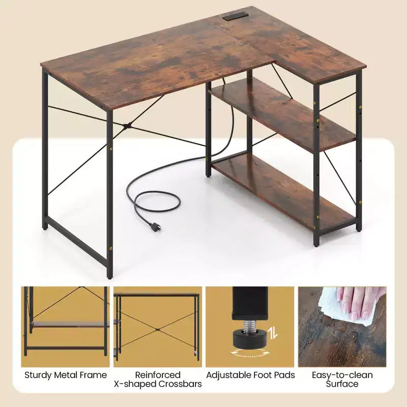 Bureau d'angle avec prises de courant Étagère réglable Cadre métallique robuste Marron/Blanc/Noir