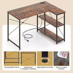 Bureau d'angle avec prises de courant Étagère réglable Cadre métallique robuste Marron/Blanc/Noir