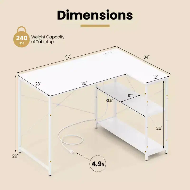 Bureau d'angle avec prises de courant Étagère réglable Cadre métallique robuste Marron/Blanc/Noir