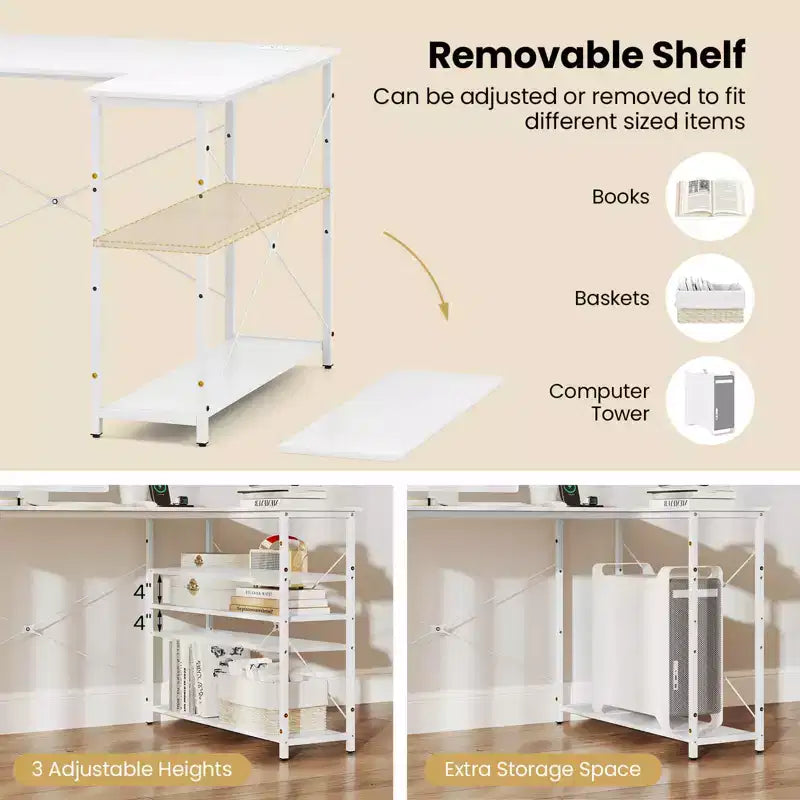 Bureau d'angle avec prises de courant Étagère réglable Cadre métallique robuste Marron/Blanc/Noir