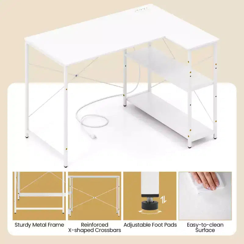 Bureau d'angle avec prises de courant Étagère réglable Cadre métallique robuste Marron/Blanc/Noir