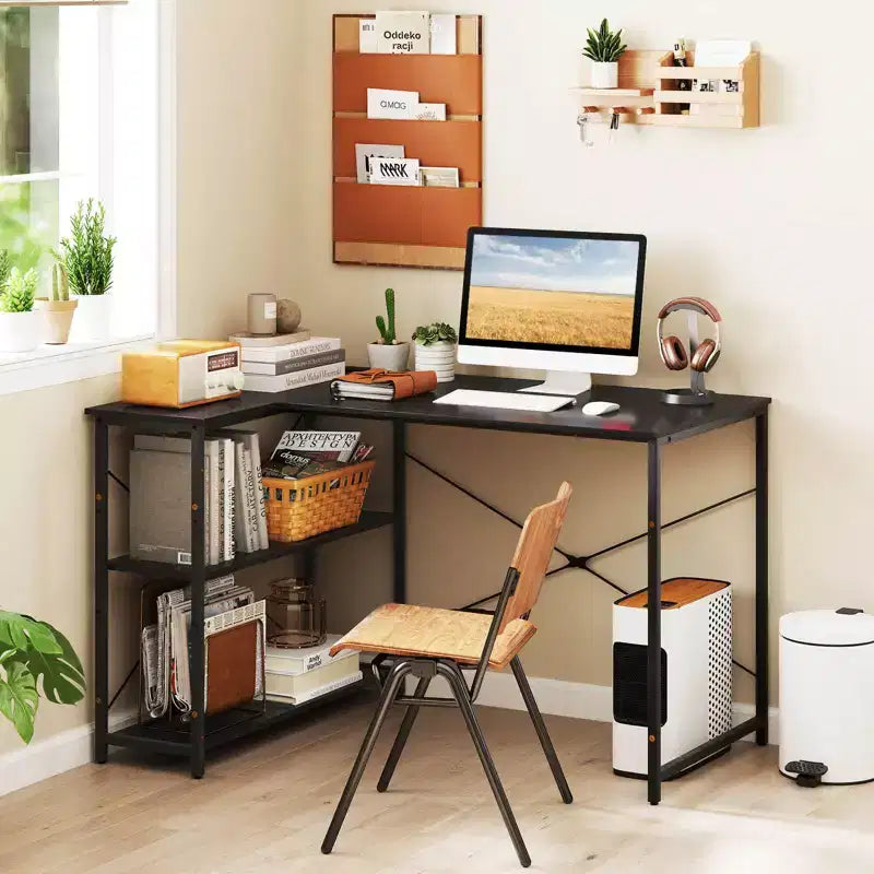 Bureau d'angle avec prises de courant Étagère réglable Cadre métallique robuste Marron/Blanc/Noir