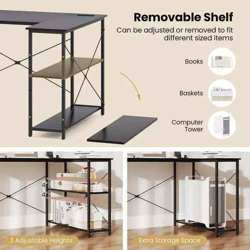 Bureau d'angle avec prises de courant Étagère réglable Cadre métallique robuste Marron/Blanc/Noir