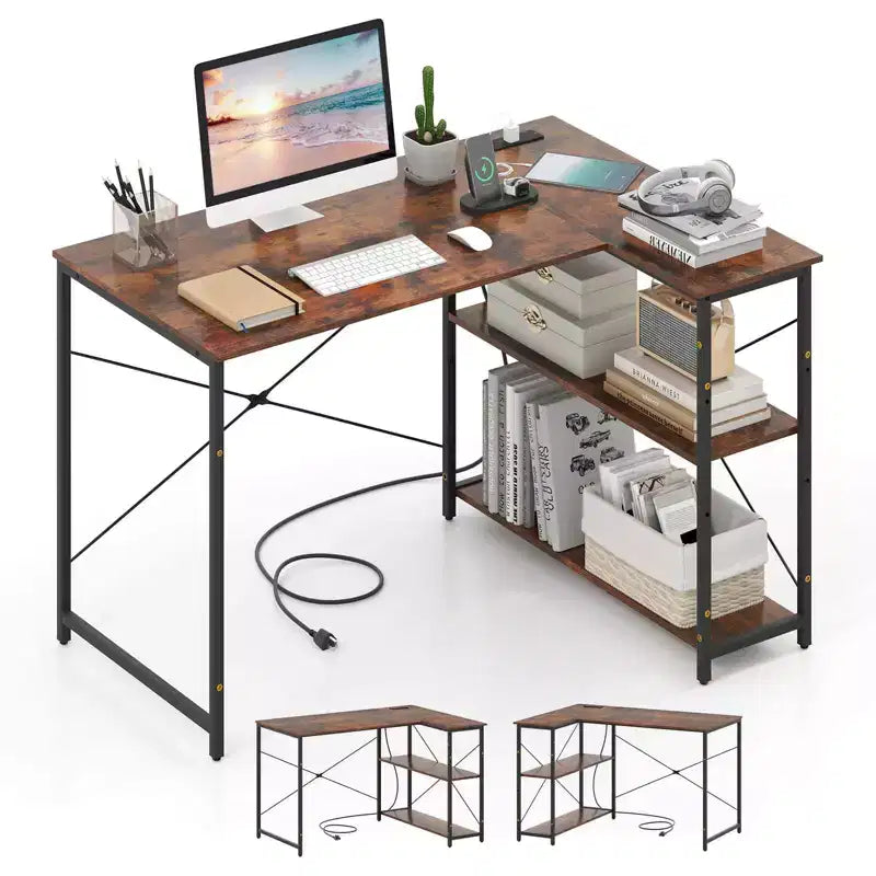 Bureau d'angle avec prises de courant Étagère réglable Cadre métallique robuste Marron/Blanc/Noir