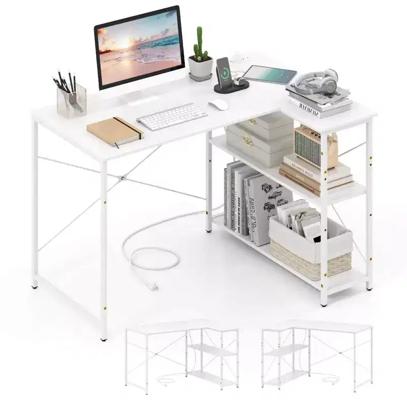 Bureau d'angle avec prises de courant Étagère réglable Cadre métallique robuste Marron/Blanc/Noir