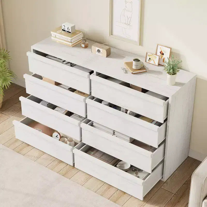 Commode de chambre à 8 tiroirs, organisateur de commode double de 54 po blanc avec poignée concave, commode moderne pour chambre à coucher, salon, chambre d'enfant