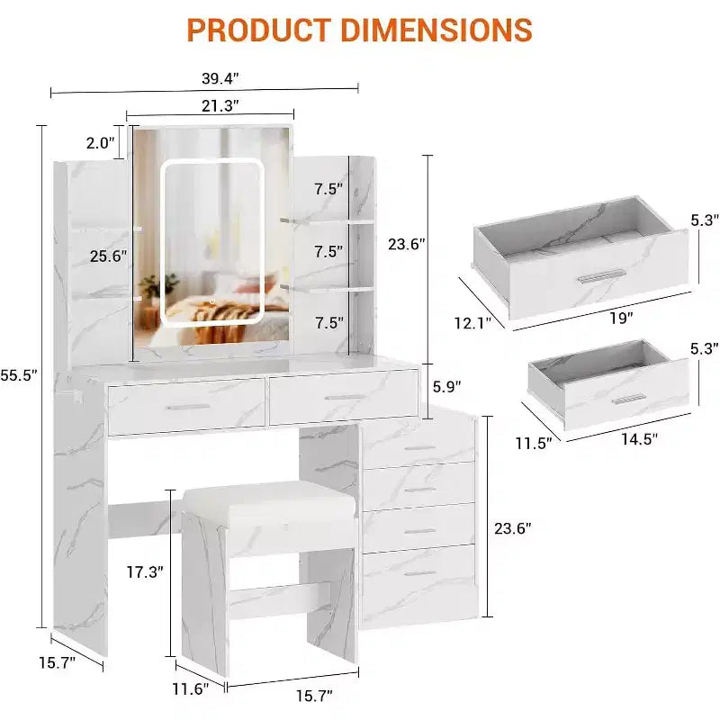 Coiffeuse avec miroir LED, ports de charge, 6 tiroirs, étagères, support sèche-cheveux et tabouret, éclairage réglable, blanc