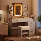 Coiffeuse avec miroir LED, ports de charge, 6 tiroirs, étagères, support sèche-cheveux et tabouret, éclairage réglable, blanc