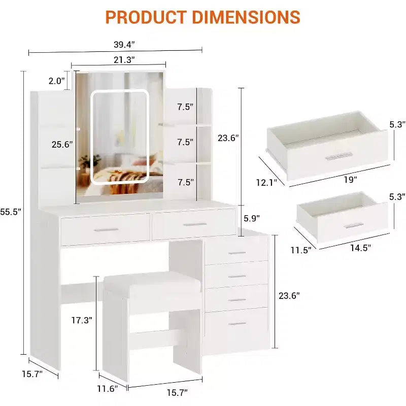 Coiffeuse avec miroir LED, ports de charge, 6 tiroirs, étagères, support sèche-cheveux et tabouret, éclairage réglable, blanc