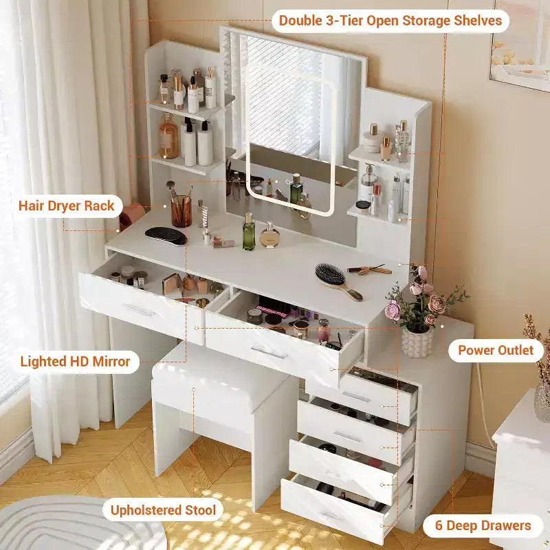 Coiffeuse avec miroir LED, ports de charge, 6 tiroirs, étagères, support sèche-cheveux et tabouret, éclairage réglable, blanc