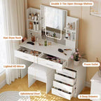 Coiffeuse avec miroir LED, ports de charge, 6 tiroirs, étagères, support sèche-cheveux et tabouret, éclairage réglable, blanc