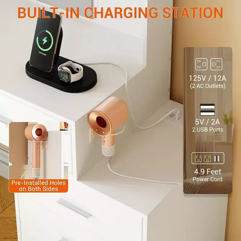 Coiffeuse avec miroir LED, ports de charge, 6 tiroirs, étagères, support sèche-cheveux et tabouret, éclairage réglable, blanc