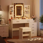Coiffeuse avec miroir LED, ports de charge, 6 tiroirs, étagères, support sèche-cheveux et tabouret, éclairage réglable, blanc