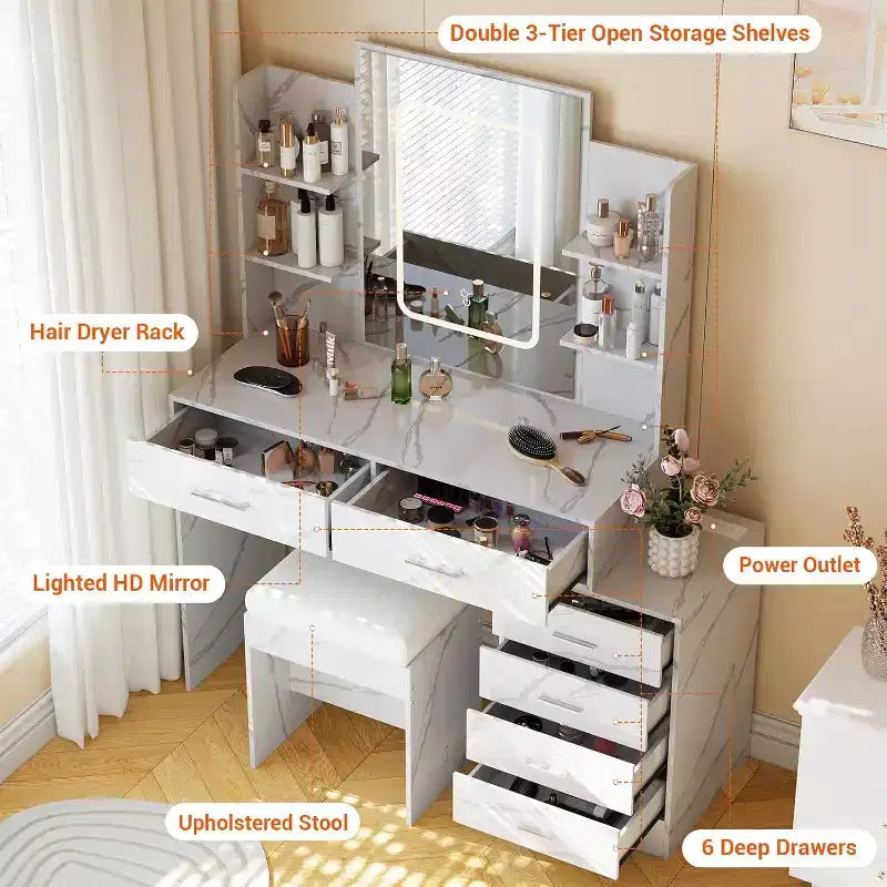 Coiffeuse avec miroir LED, ports de charge, 6 tiroirs, étagères, support sèche-cheveux et tabouret, éclairage réglable, blanc