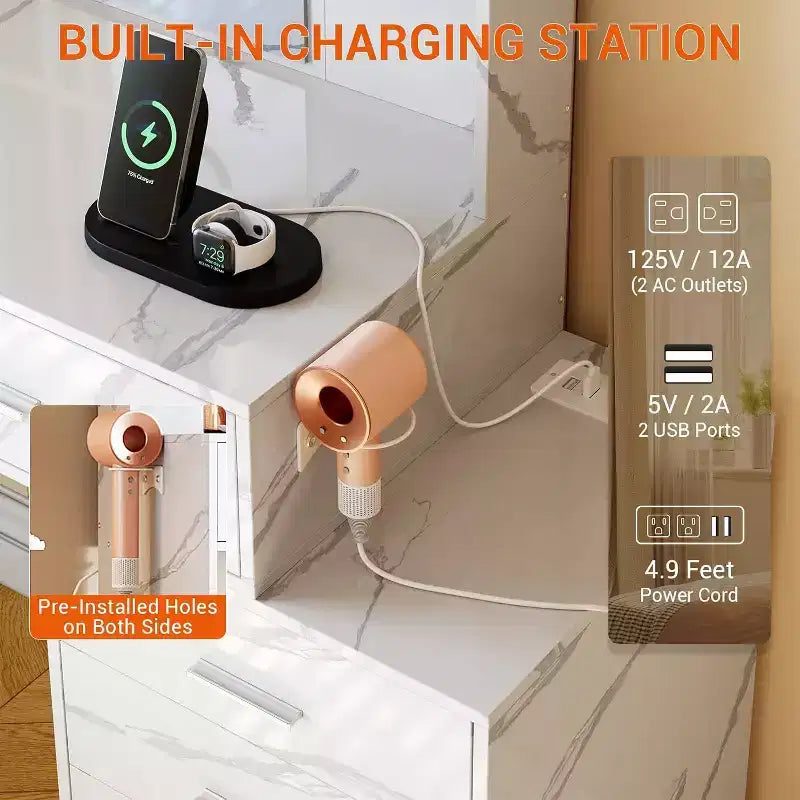 Coiffeuse avec miroir LED, ports de charge, 6 tiroirs, étagères, support sèche-cheveux et tabouret, éclairage réglable, blanc