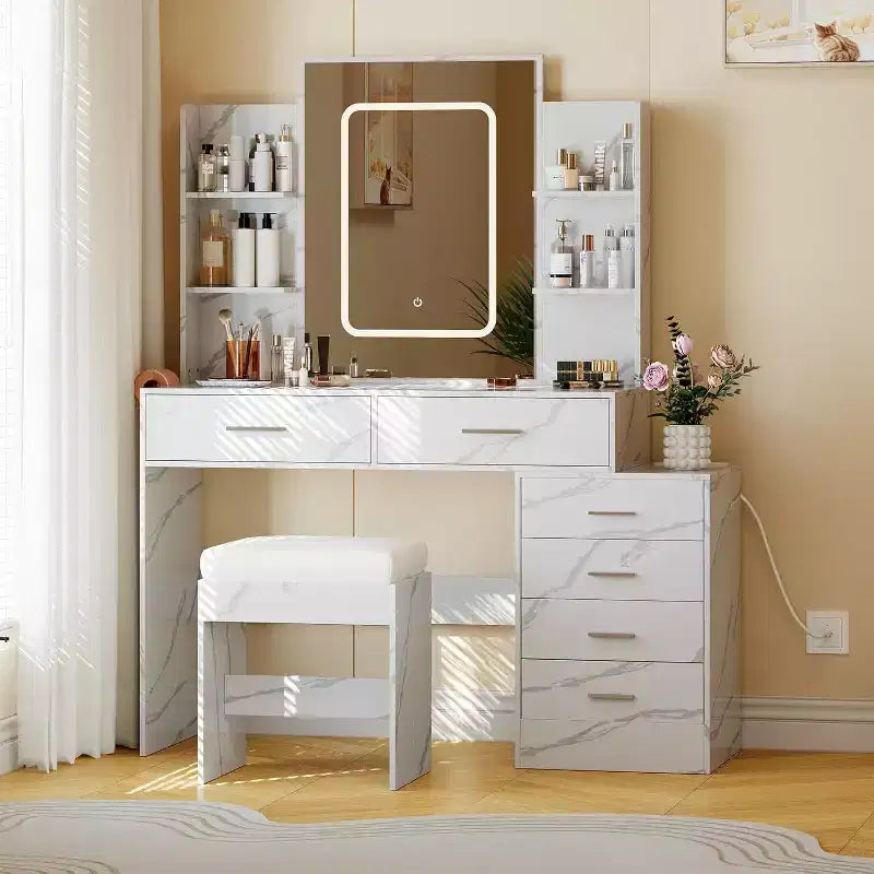 Coiffeuse avec miroir LED, ports de charge, 6 tiroirs, étagères, support sèche-cheveux et tabouret, éclairage réglable, blanc