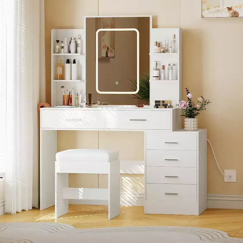 Coiffeuse avec miroir LED, ports de charge, 6 tiroirs, étagères, support sèche-cheveux et tabouret, éclairage réglable, blanc