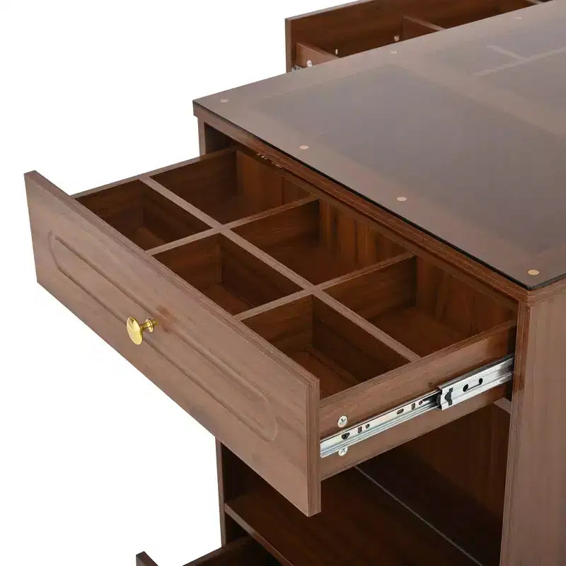 Îlot de dressing avec 6 tiroirs, commode avec plateau en verre et étagères ouvertes, meuble de rangement à bijoux