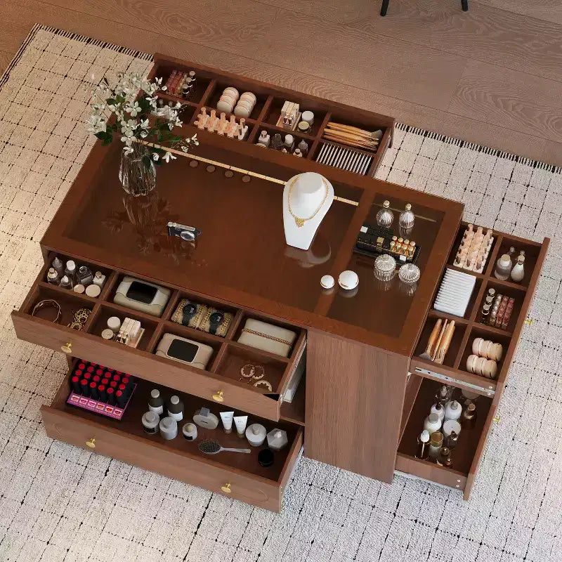 Îlot de dressing avec 6 tiroirs, commode avec plateau en verre et étagères ouvertes, meuble de rangement à bijoux