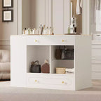 Îlot de dressing avec 6 tiroirs, commode avec plateau en verre et étagères ouvertes, meuble de rangement à bijoux