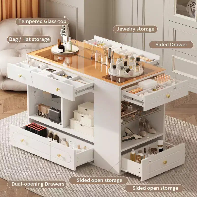 Îlot de dressing avec 6 tiroirs, commode avec plateau en verre et étagères ouvertes, meuble de rangement à bijoux