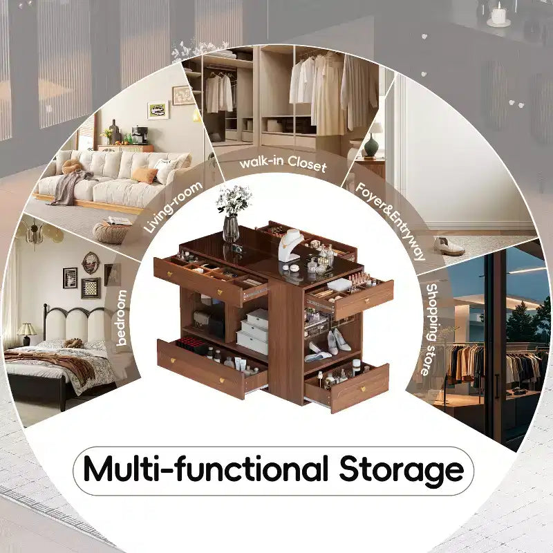 Îlot de dressing avec 6 tiroirs, commode avec plateau en verre et étagères ouvertes, meuble de rangement à bijoux