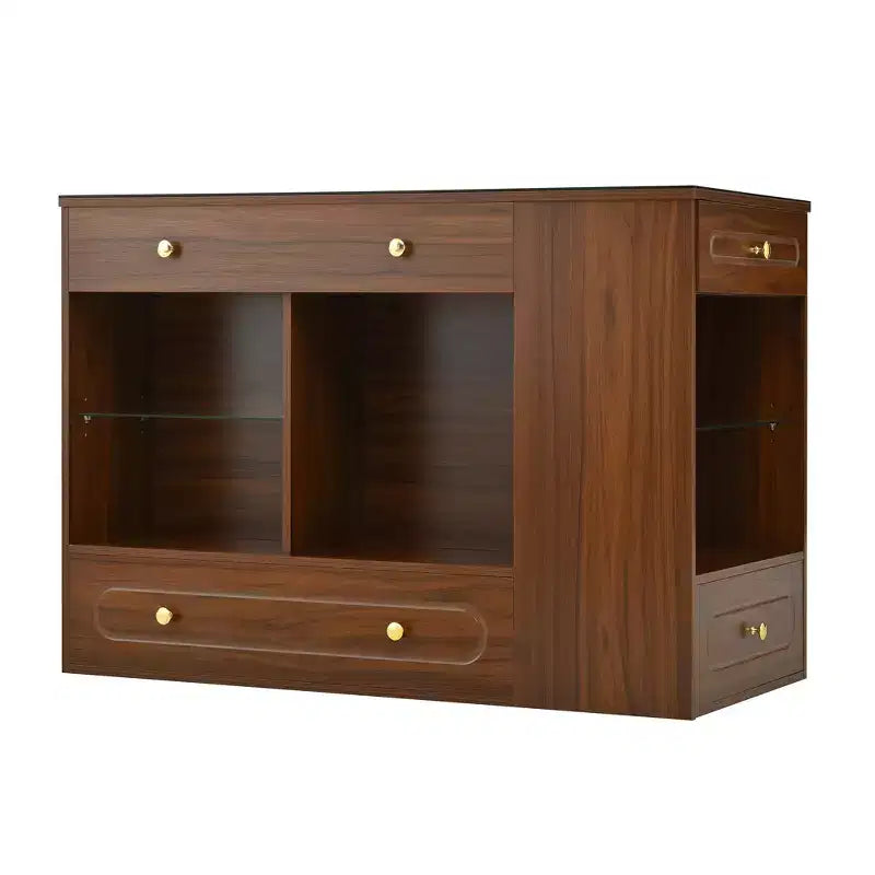 Îlot de dressing avec 6 tiroirs, commode avec plateau en verre et étagères ouvertes, meuble de rangement à bijoux