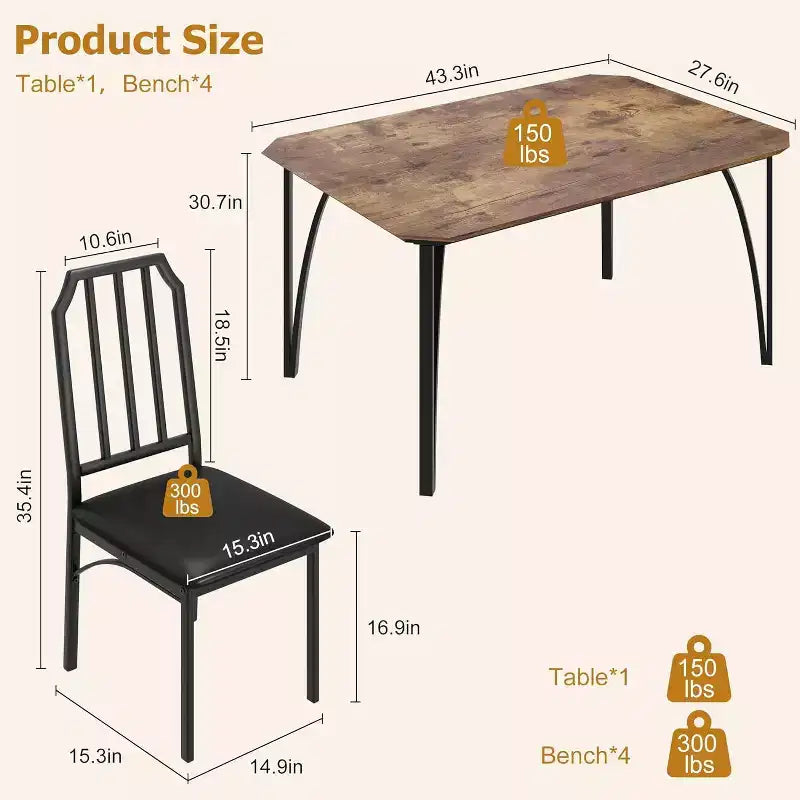 Table à manger et 4 chaises – Ensemble compact 5 pièces table et chaises de cuisine avec design chanfreiné, marron rustique