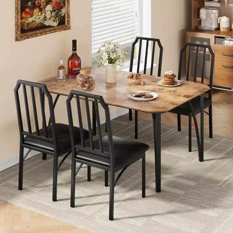 Table à manger et 4 chaises – Ensemble compact 5 pièces table et chaises de cuisine avec design chanfreiné, marron rustique