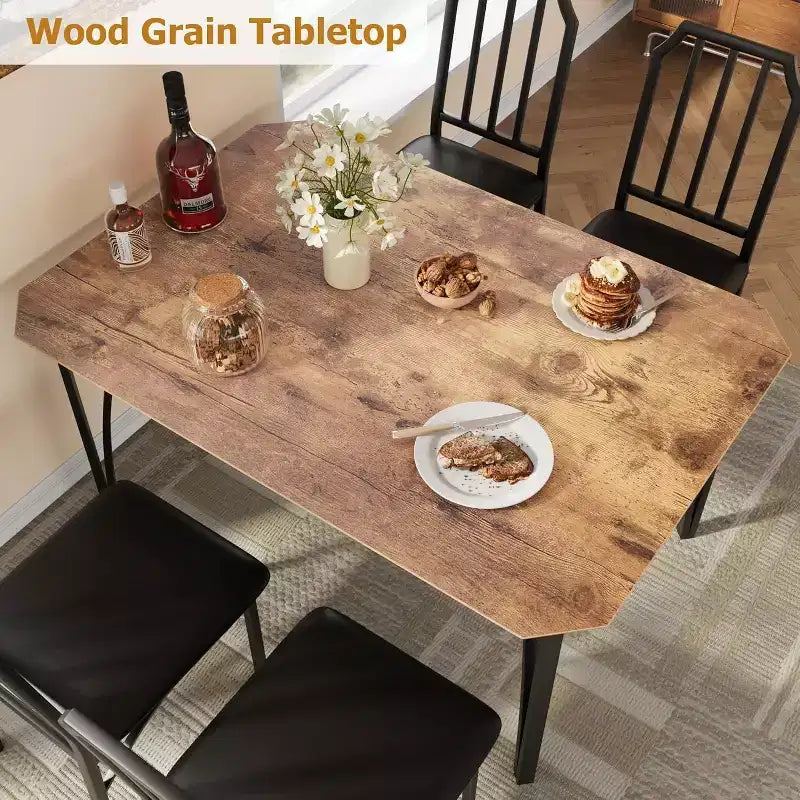 Table à manger et 4 chaises – Ensemble compact 5 pièces table et chaises de cuisine avec design chanfreiné, marron rustique