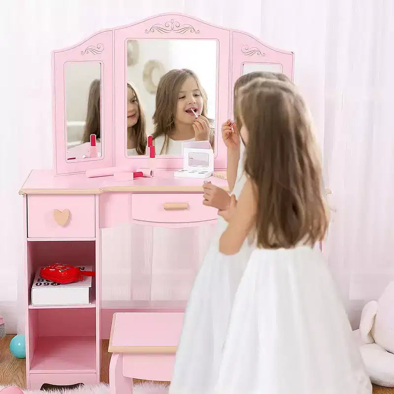 Table et chaise de coiffeuse pour filles, table de maquillage pour enfants avec jouet de maquillage en bois, coiffeuse pour enfants avec miroir et tiroir