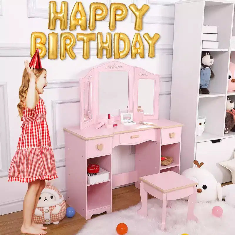 Table et chaise de coiffeuse pour filles, table de maquillage pour enfants avec jouet de maquillage en bois, coiffeuse pour enfants avec miroir et tiroir