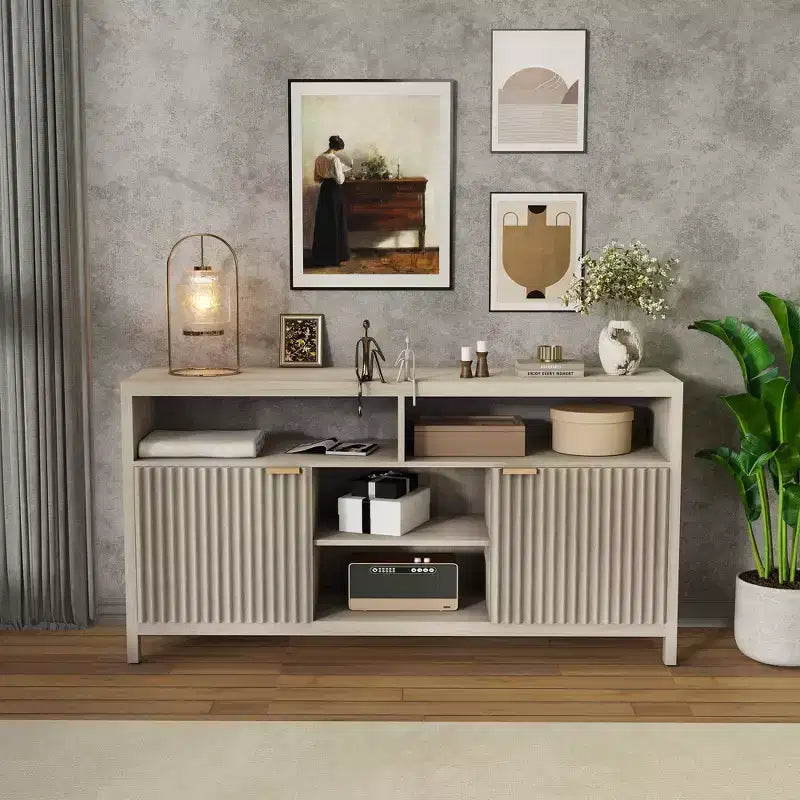 Meuble TV haut texturé de 150 cm pour salon, meuble TV robuste avec rangement, meuble TV de style mid-century pour téléviseurs de 50/55/60/65 pouces
