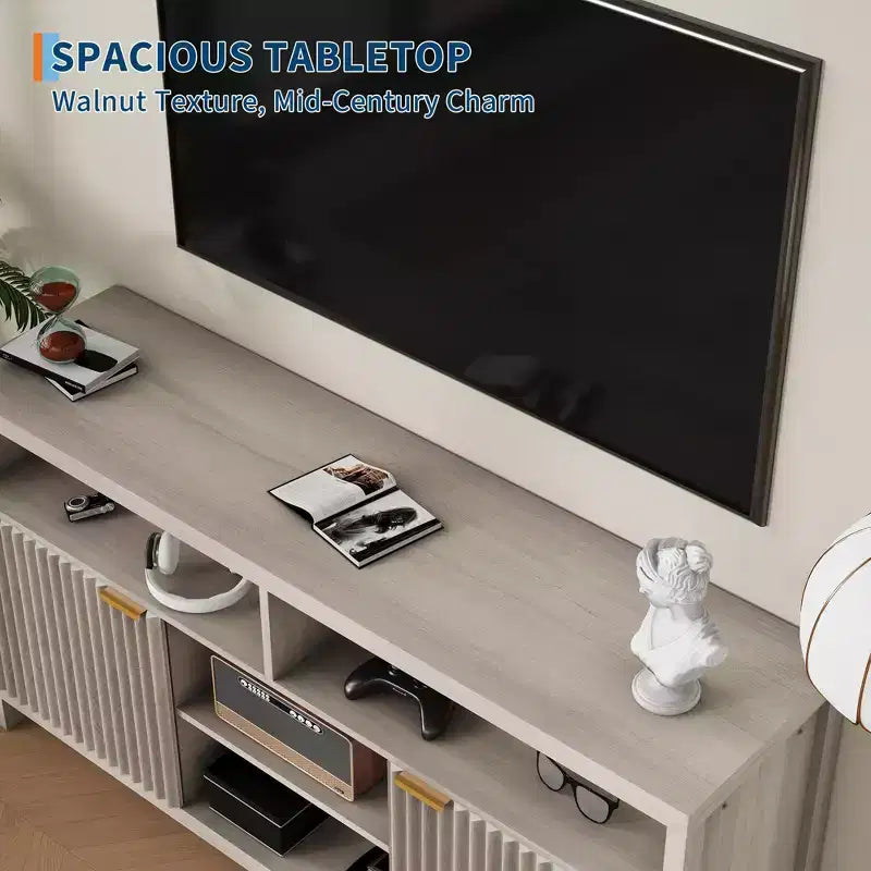 Meuble TV haut texturé de 150 cm pour salon, meuble TV robuste avec rangement, meuble TV de style mid-century pour téléviseurs de 50/55/60/65 pouces
