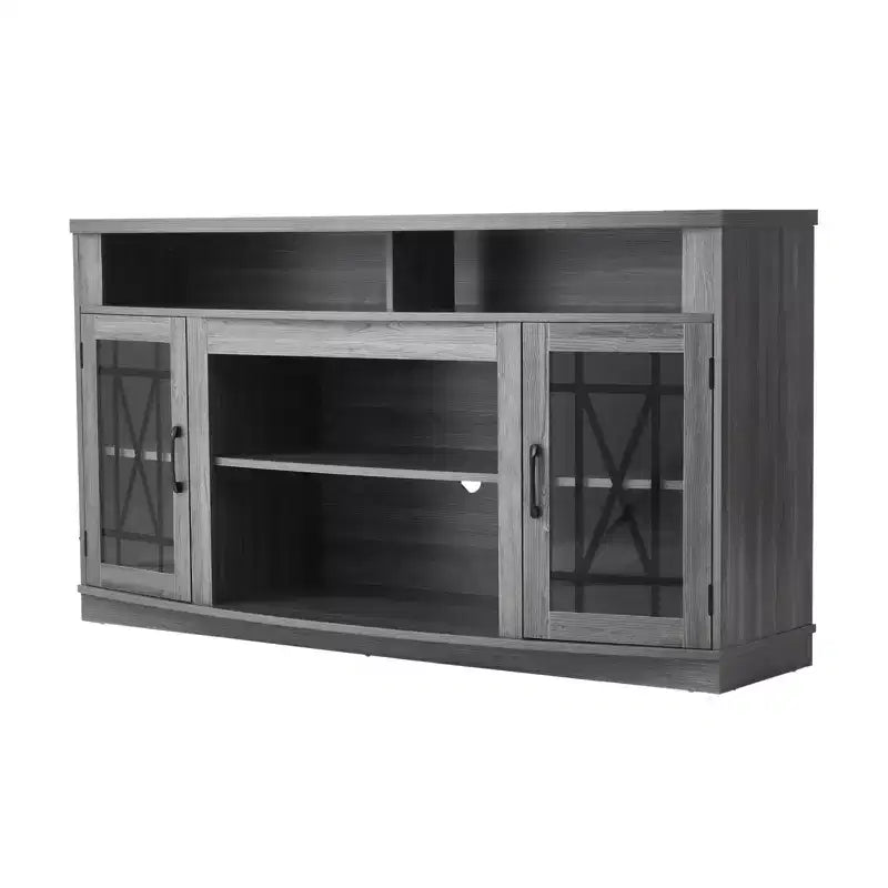 VEVOR TV Stand for TVs up to 65 inch, Farmhouse Entertainment Center with Light Strip, Wooden TV Cabinet Storage with Glass Doors, Gray