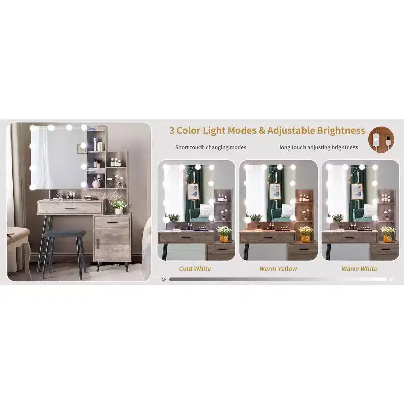 Table de toilette avec ampoule à intensité variable tricolore à brancher, miroir, meuble bas à 2 étagères, 1 porte, 2 tiroirs, pieds en fer, placage Triamine, aggloméré gris