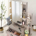 Table de toilette avec ampoule à intensité variable tricolore à brancher, miroir, meuble bas à 2 étagères, 1 porte, 2 tiroirs, pieds en fer, placage Triamine, aggloméré gris