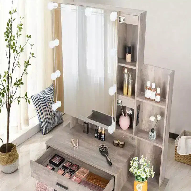Table de toilette avec ampoule à intensité variable tricolore à brancher, miroir, meuble bas à 2 étagères, 1 porte, 2 tiroirs, pieds en fer, placage Triamine, aggloméré gris