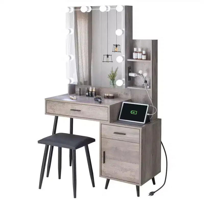 Table de toilette avec ampoule à intensité variable tricolore à brancher, miroir, meuble bas à 2 étagères, 1 porte, 2 tiroirs, pieds en fer, placage Triamine, aggloméré gris