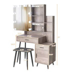Table de toilette avec ampoule à intensité variable tricolore à brancher, miroir, meuble bas à 2 étagères, 1 porte, 2 tiroirs, pieds en fer, placage Triamine, aggloméré gris