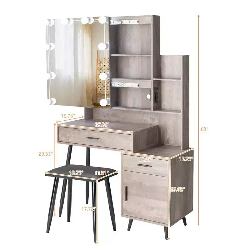 Table de toilette avec ampoule à intensité variable tricolore à brancher, miroir, meuble bas à 2 étagères, 1 porte, 2 tiroirs, pieds en fer, placage Triamine, aggloméré gris