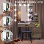 Table de toilette avec ampoule à intensité variable tricolore à brancher, miroir, meuble bas à 2 étagères, 1 porte, 2 tiroirs, pieds en fer, placage Triamine, aggloméré gris