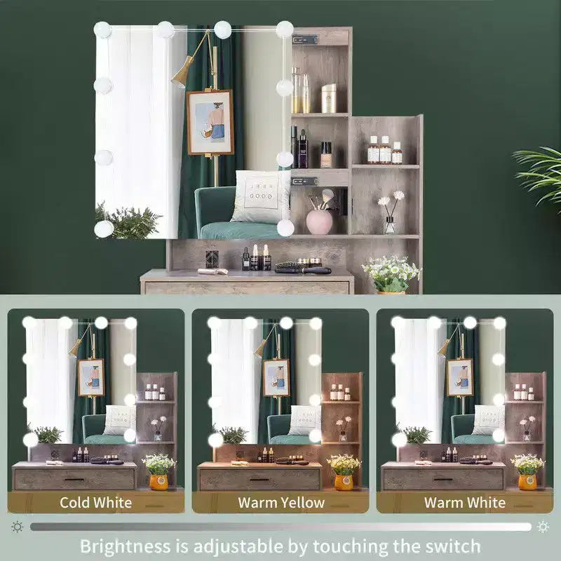 Table de toilette avec ampoule à intensité variable tricolore à brancher, miroir, meuble bas à 2 étagères, 1 porte, 2 tiroirs, pieds en fer, placage Triamine, aggloméré gris